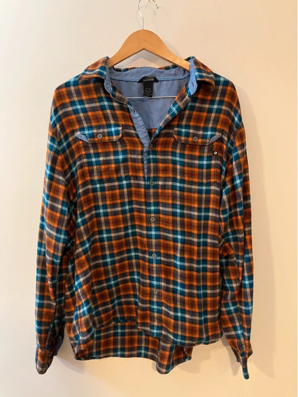 Marmot Mens XL Flannel Shirt Orange Teal Plaid Long Sleeve Button Up Gorpcore